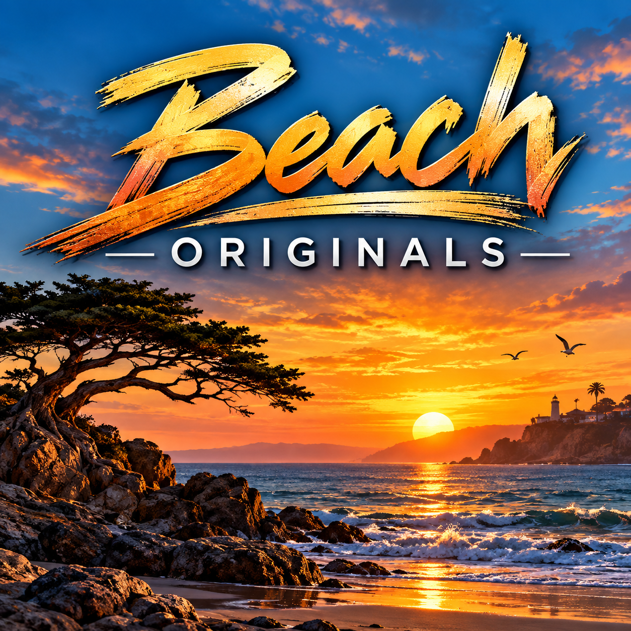 Original Beach Originals gold lettering over a sunset cove